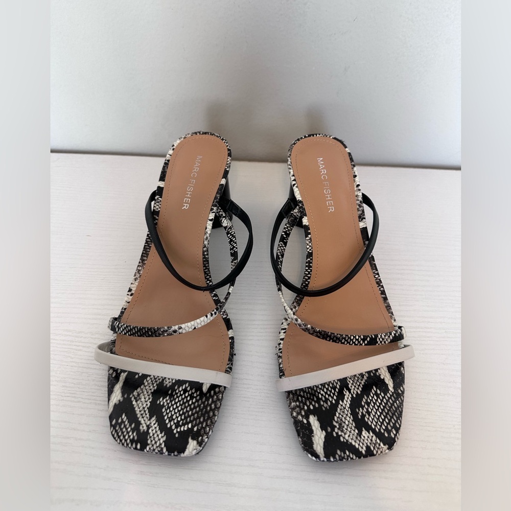 Marc Fisher black and white strappy heels.